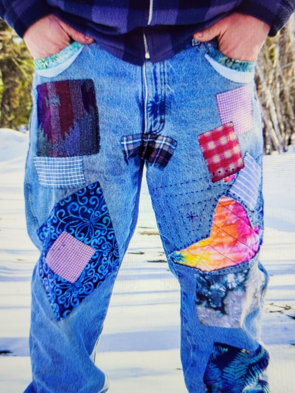 Upcycled/Patched Sashiko Mended Flannel Lined LLBean Jeans for Men size 36x30
